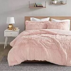 Intelligent Design Leena Shaggy Long Fur Comforter Mini Set Blush Full/Queen NIP